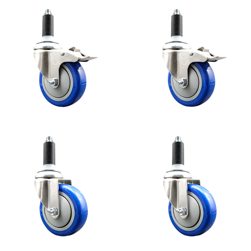 Polyurethane Swivel Stem Caster Set of 4 with 4 Inch Blue Caster Wheels - 1" Expanding Stem -316 Stainless Steel Casters - Includes 2 Swivel with Total Lock Brakes and 2 Swivel - Service Caster Brand — photo 1