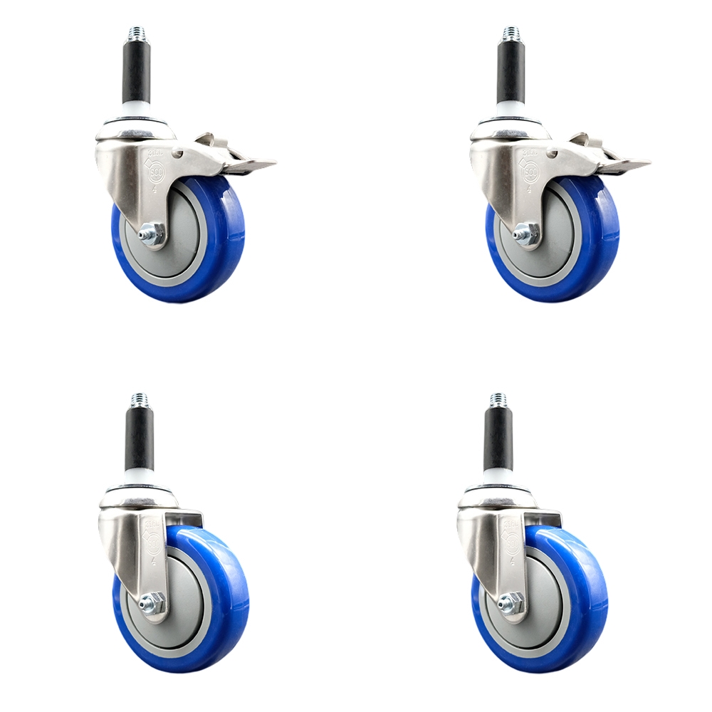 Polyurethane Swivel Stem Caster Set of 4 with 4 Inch Blue Caster Wheels - 3/4" Expanding Stem -316 Stainless Steel Casters - Includes 2 Swivel with Total Lock Brakes and 2 Swivel-Service Caster Brand — photo 1