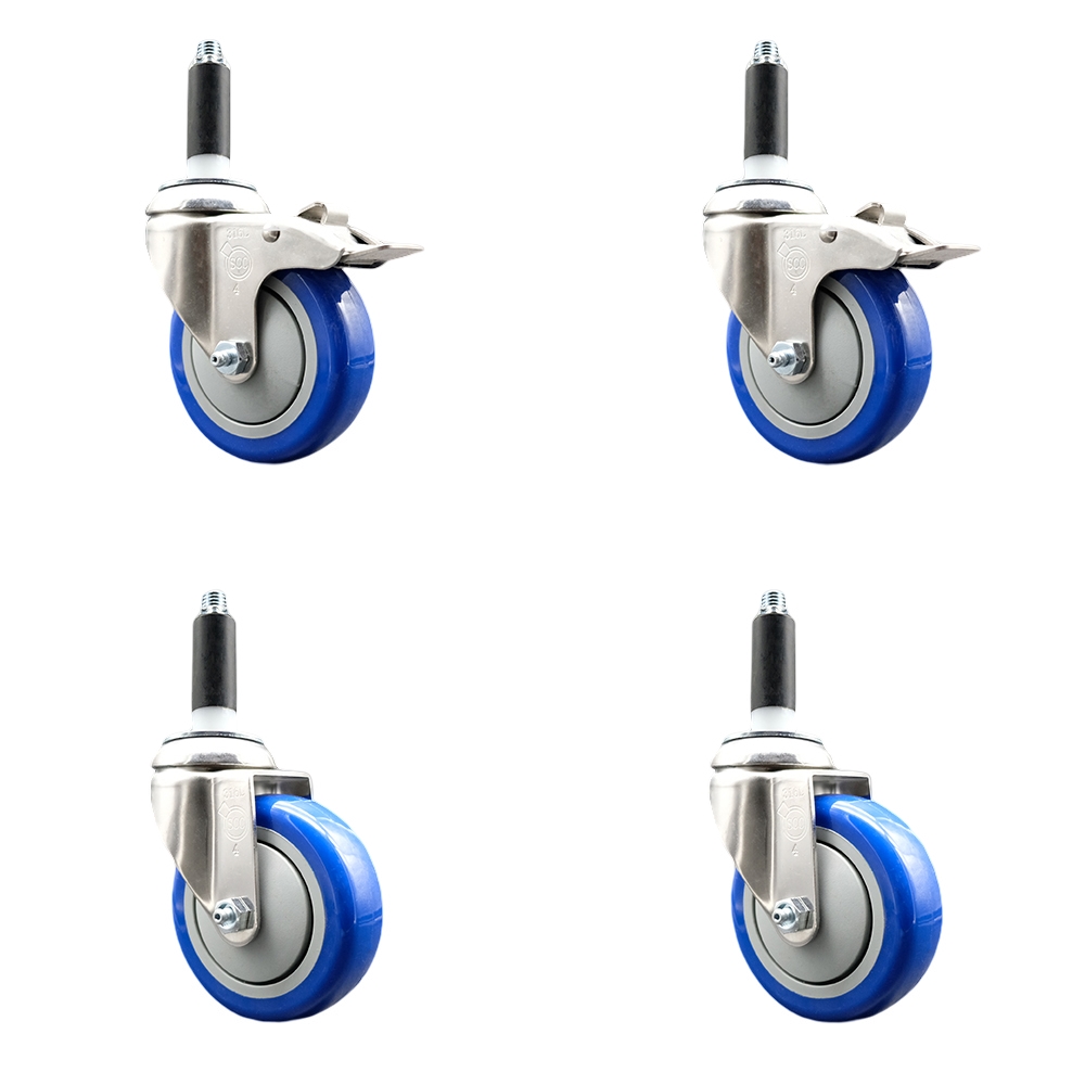 Polyurethane Swivel Stem Caster Set of 4 with 4 Inch Blue Caster Wheels - 7/8" Expanding Stem -316 Stainless Steel Casters - Includes 2 Swivel with Total Lock Brakes and 2 Swivel-Service Caster Brand — photo 1