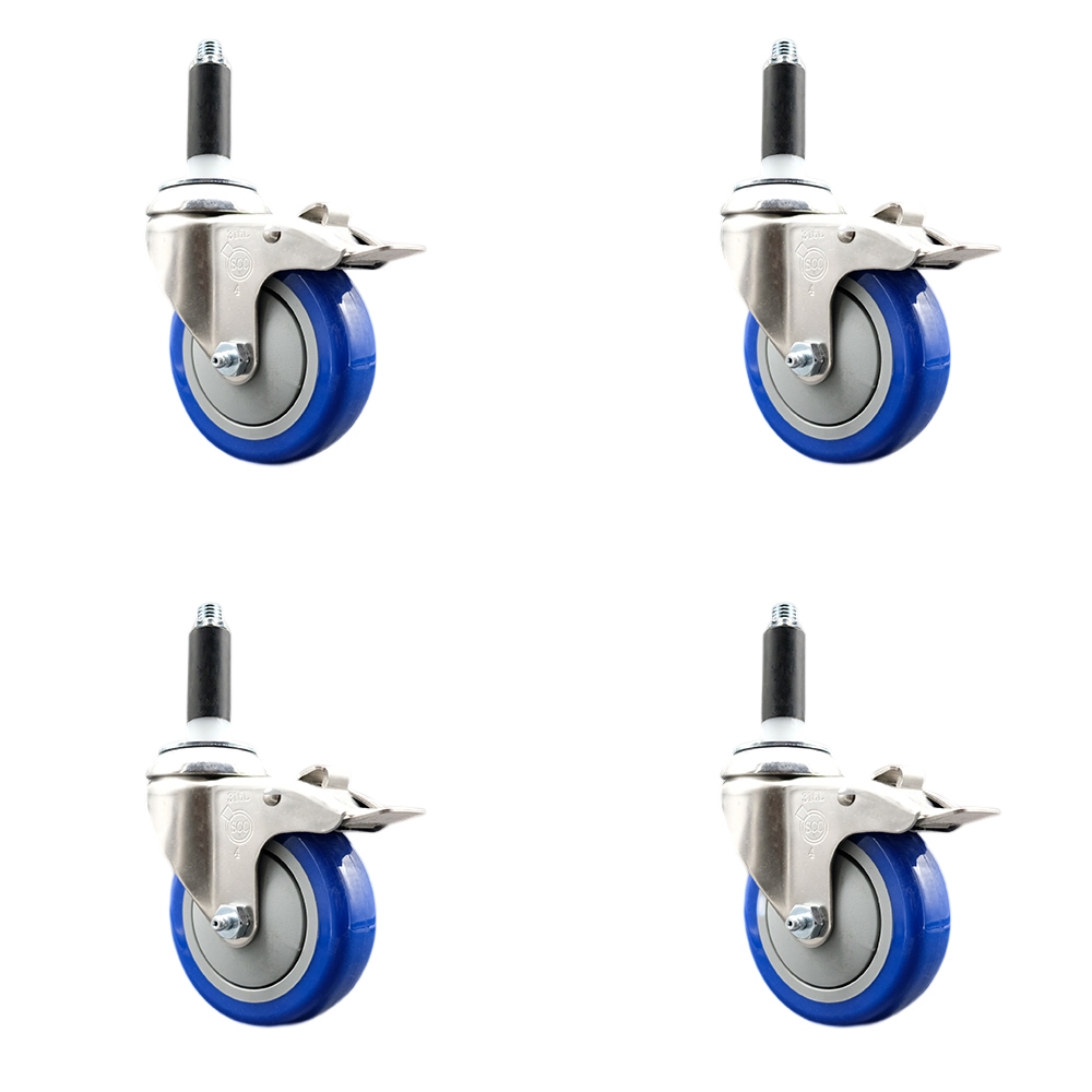 Polyurethane Swivel Stem Caster Set of 4 with 4 Inch Blue Caster Wheels - 3/4" Expanding Stems - 316 Stainless Steel Casters - Includes 4 Swivel Casters with Total Lock Brakes - Service Caster Brand — photo 1