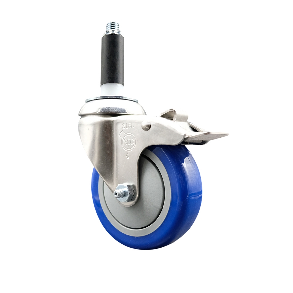 Polyurethane Swivel Stem Caster with 4 Inch Blue Caster Wheel and Total Lock Brake - 3/4" Expanding Stem - 316 Stainless Steel Caster - 350 lbs. Capacity Per Caster - Service Caster Brand — photo 1