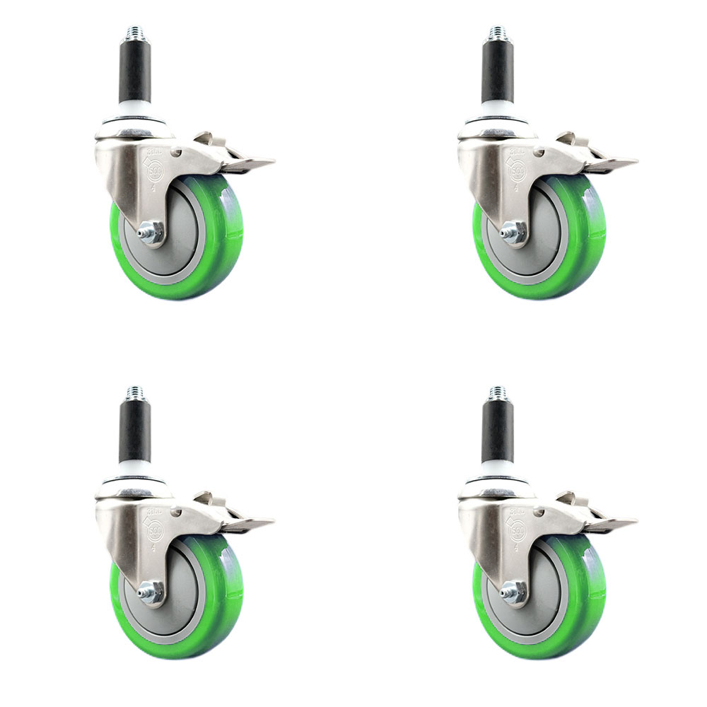 Polyurethane Swivel Stem Caster Set of 4 with 4 Inch Green Caster Wheels - 1" Expanding Stems - 316 Stainless Steel Casters - Includes 4 Swivel Casters with Total Lock Brakes- Service Caster Brand — photo 1