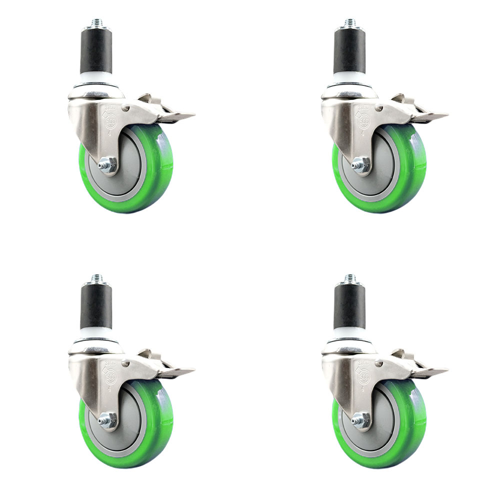 Polyurethane Swivel Stem Caster Set of 4 with 4 Inch Green Caster Wheels - 1-1/2" Expanding Stems - 316 Stainless Steel Casters - Includes 4 Swivel Casters with Total Lock Brakes- Service Caster Brand — photo 1