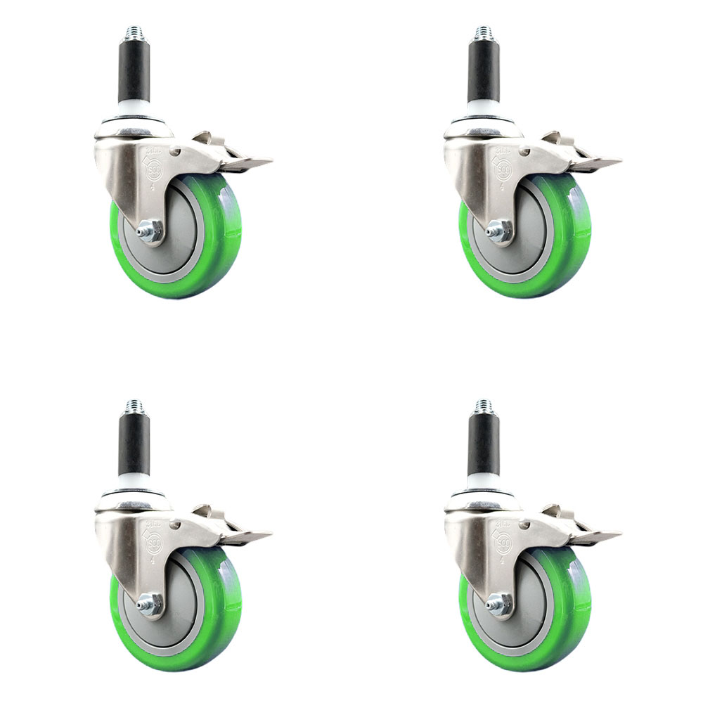 Polyurethane Swivel Stem Caster Set of 4 with 4 Inch Green Caster Wheels - 1-1/8" Expanding Stems - 316 Stainless Steel Casters - Includes 4 Swivel Casters with Total Lock Brakes- Service Caster Brand — photo 1