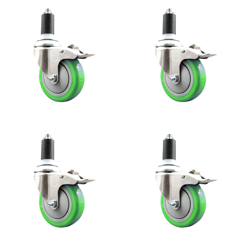 Polyurethane Swivel Stem Caster Set of 4 with 4 Inch Green Caster Wheels - 1-3/8" Expanding Stems - 316 Stainless Steel Casters - Includes 4 Swivel Casters with Total Lock Brakes- Service Caster Brand — photo 1
