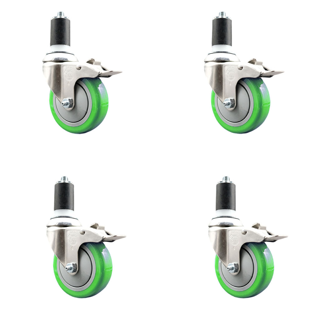 Polyurethane Swivel Stem Caster Set of 4 with 4 Inch Green Caster Wheels - 1-5/8" Expanding Stems - 316 Stainless Steel Casters - Includes 4 Swivel Casters with Total Lock Brakes- Service Caster Brand — photo 1