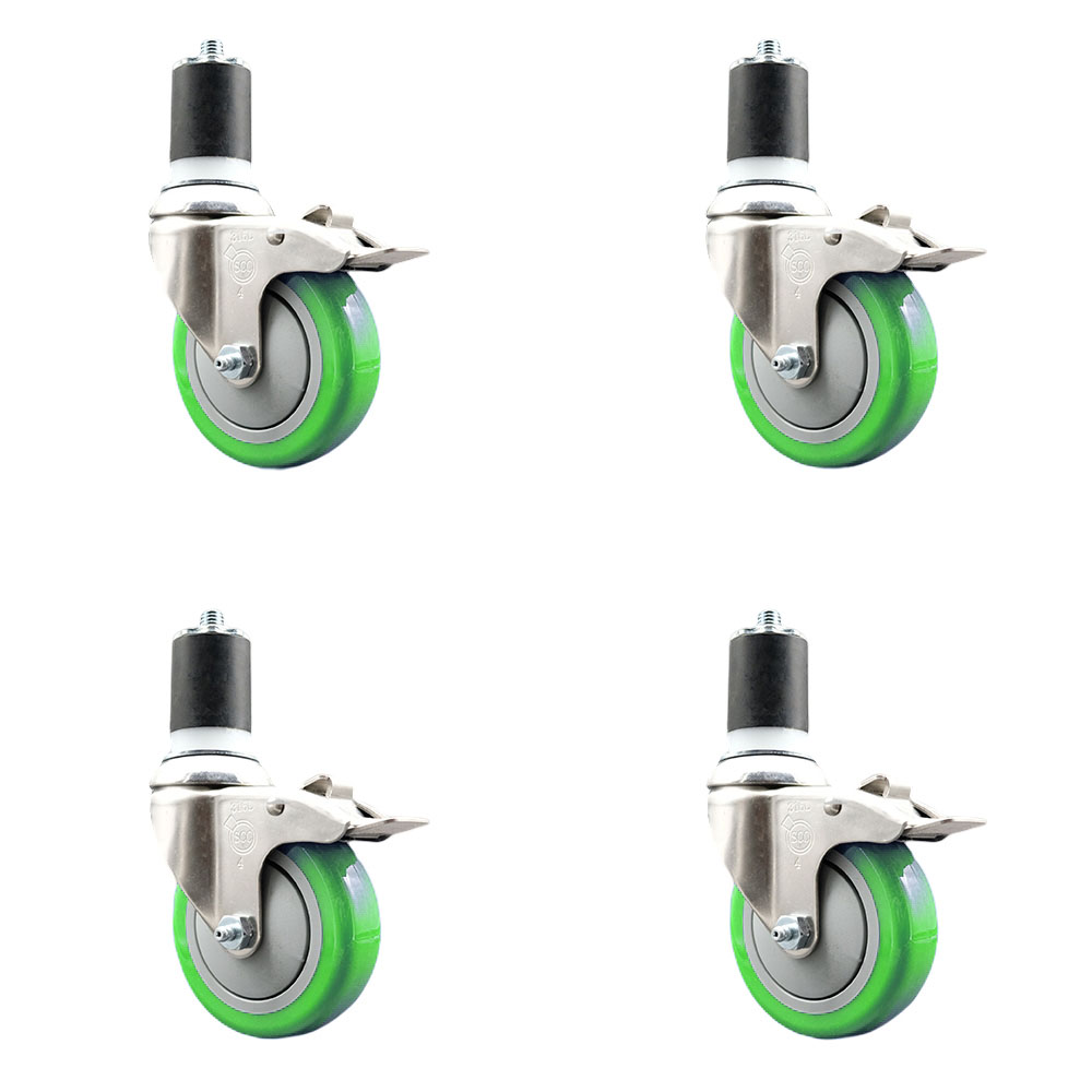 Polyurethane Swivel Stem Caster Set of 4 with 4 Inch Green Caster Wheels - 1-7/8" Expanding Stems - 316 Stainless Steel Casters - Includes 4 Swivel Casters with Total Lock Brakes- Service Caster Brand — photo 1