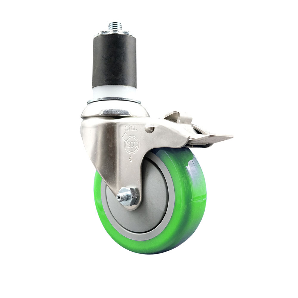 Polyurethane Swivel Stem Caster with 4 Inch Green Caster Wheel and Total Lock Brake - 1-7/8" Expanding Stem - 316 Stainless Steel Caster - 350 lbs. Capacity Per Caster - Service Caster Brand — photo 1