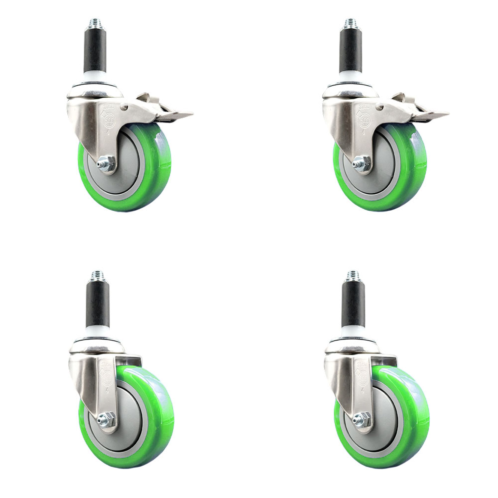 Polyurethane Swivel Stem Caster Set of 4 with 4 Inch Green Caster Wheels - 1" Expanding Stem -316 Stainless Steel Casters - Includes 2 Swivel with Total Lock Brakes and 2 Swivel - Service Caster Brand — photo 1