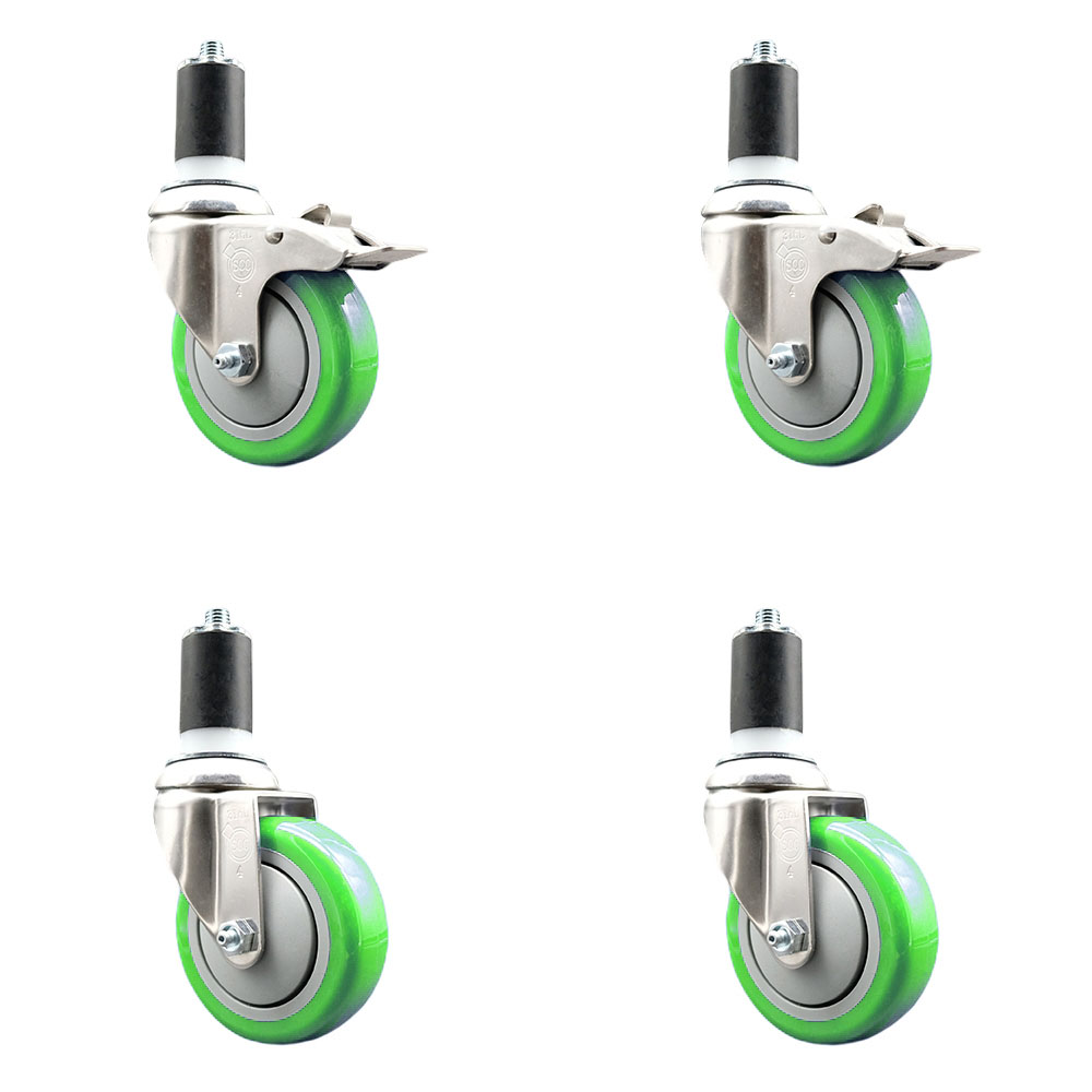 Polyurethane Swivel Stem Caster Set of 4 with 4 Inch Green Caster Wheels - 1-1/2" Expanding Stem -316 Stainless Steel Casters-Includes 2 Swivel with Total Lock Brakes and 2 Swivel-Service Caster Brand — photo 1