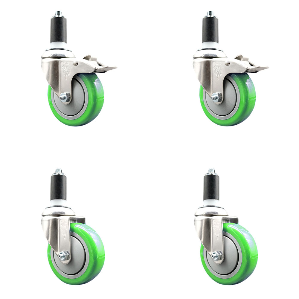 Polyurethane Swivel Stem Caster Set of 4 with 4 Inch Green Caster Wheels - 1-1/4" Expanding Stem -316 Stainless Steel Casters-Includes 2 Swivel with Total Lock Brakes and 2 Swivel-Service Caster Brand — photo 1