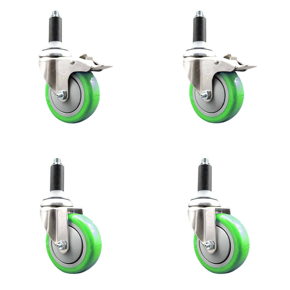 Polyurethane Swivel Stem Caster Set of 4 with 4 Inch Green Caster Wheels - 1-1/8" Expanding Stem -316 Stainless Steel Casters-Includes 2 Swivel with Total Lock Brakes and 2 Swivel-Service Caster Brand — photo 1