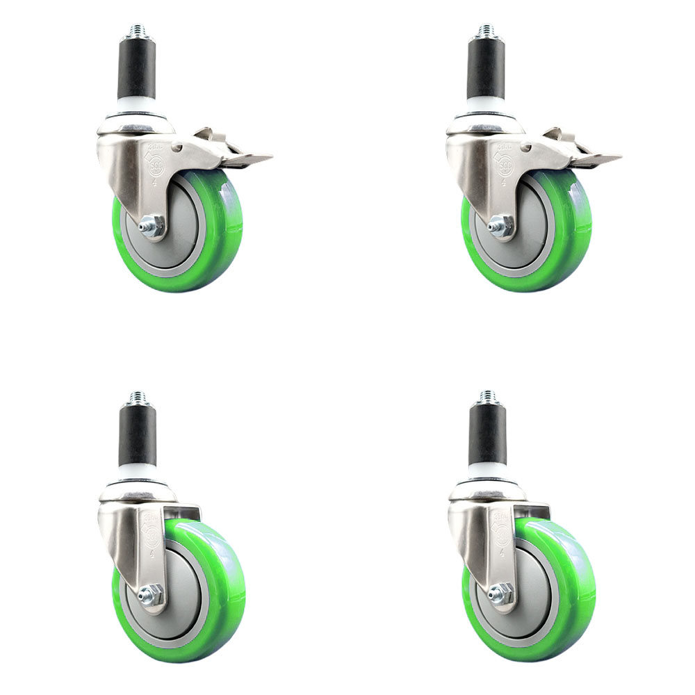 Polyurethane Swivel Stem Caster Set of 4 with 4 Inch Green Caster Wheels - 1-3/8" Expanding Stem -316 Stainless Steel Casters-Includes 2 Swivel with Total Lock Brakes and 2 Swivel-Service Caster Brand — photo 1