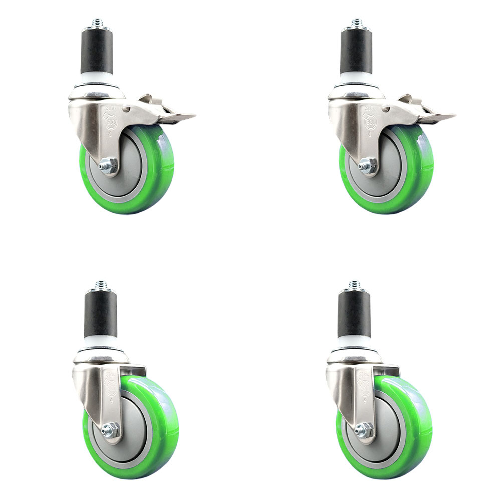 Polyurethane Swivel Stem Caster Set of 4 with 4 Inch Green Caster Wheels - 1-5/8" Expanding Stem -316 Stainless Steel Casters-Includes 2 Swivel with Total Lock Brakes and 2 Swivel-Service Caster Brand — photo 1