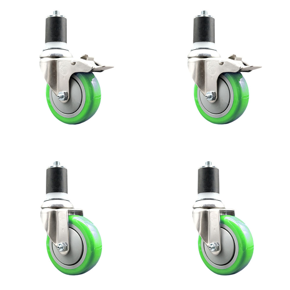 Polyurethane Swivel Stem Caster Set of 4 with 4 Inch Green Caster Wheels - 1-7/8" Expanding Stem -316 Stainless Steel Casters-Includes 2 Swivel with Total Lock Brakes and 2 Swivel-Service Caster Brand — photo 1