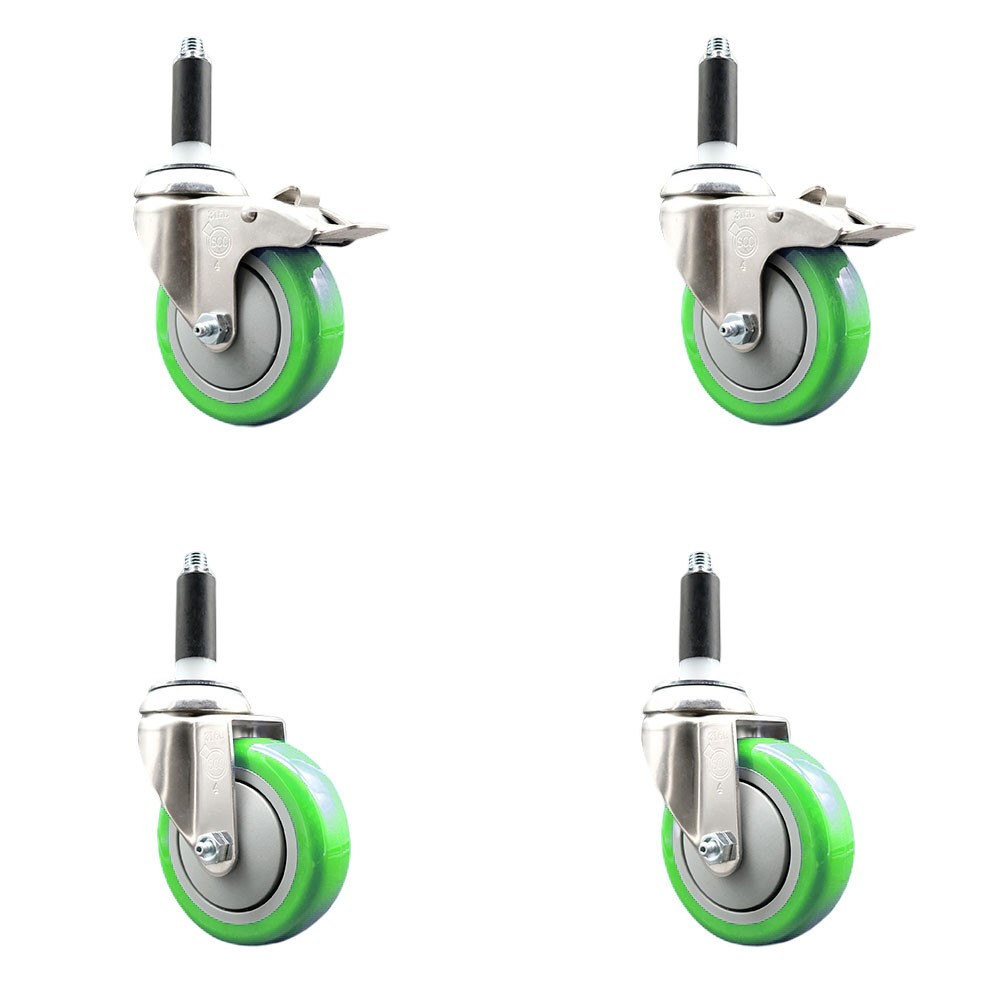 Polyurethane Swivel Stem Caster Set of 4 with 4 Inch Green Caster Wheels - 3/4" Expanding Stem -316 Stainless Steel Casters - Includes 2 Swivel with Total Lock Brakes and 2 Swivel-Service Caster Brand — photo 1