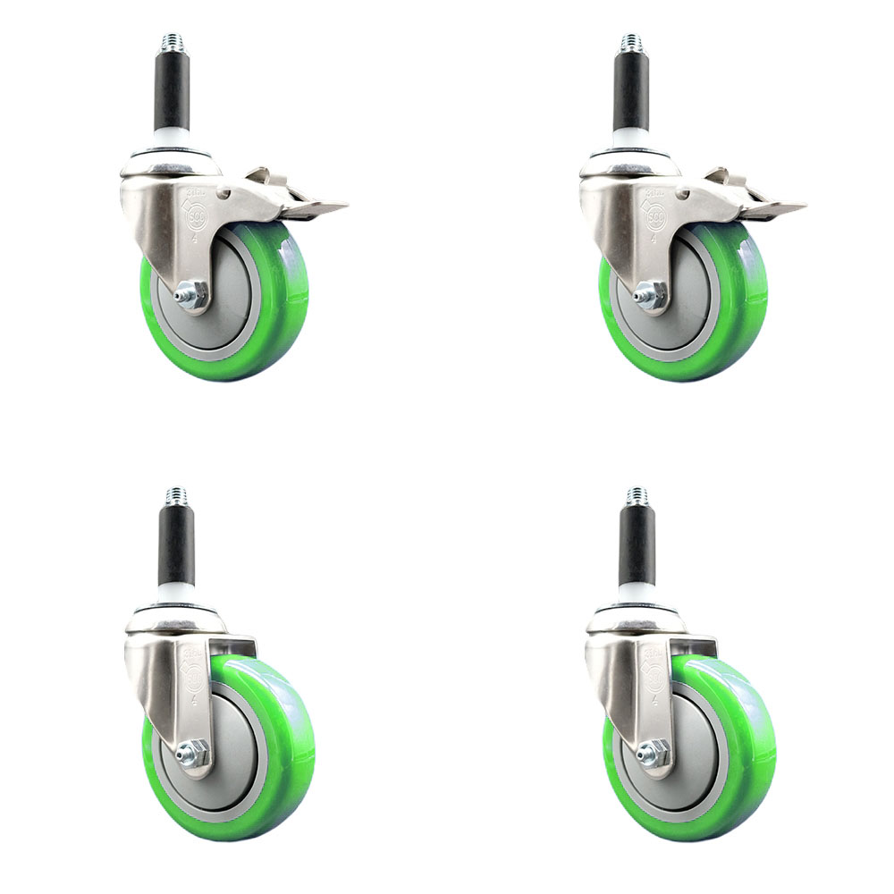 Polyurethane Swivel Stem Caster Set of 4 with 4 Inch Green Caster Wheels - 7/8" Expanding Stem -316 Stainless Steel Casters - Includes 2 Swivel with Total Lock Brakes and 2 Swivel-Service Caster Brand — photo 1
