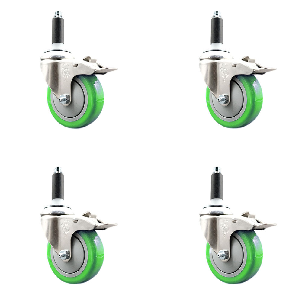 Polyurethane Swivel Stem Caster Set of 4 with 4 Inch Green Caster Wheels - 3/4" Expanding Stems - 316 Stainless Steel Casters - Includes 4 Swivel Casters with Total Lock Brakes - Service Caster Brand — photo 1