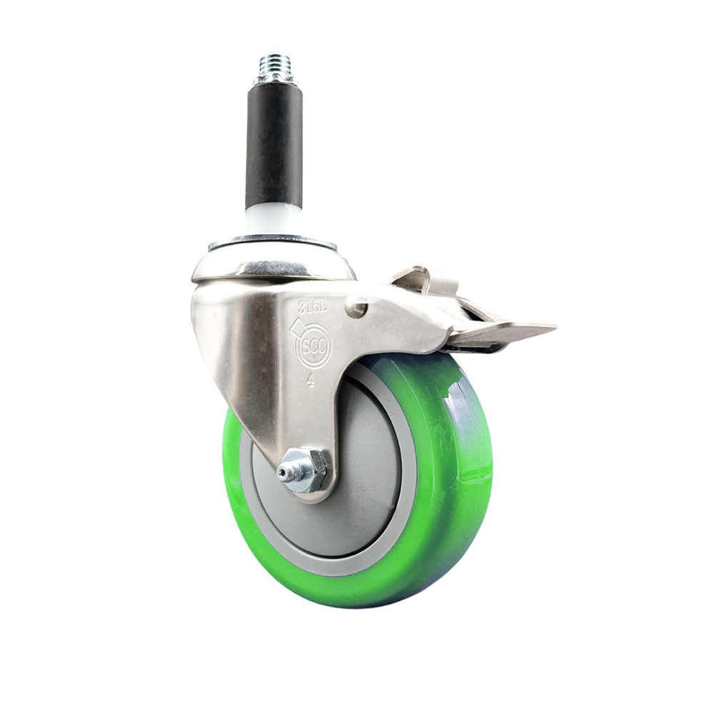 Polyurethane Swivel Stem Caster with 4 Inch Green Caster Wheel and Total Lock Brake - 7/8" Expanding Stem - 316 Stainless Steel Caster - 350 lbs. Capacity Per Caster - Service Caster Brand — photo 1