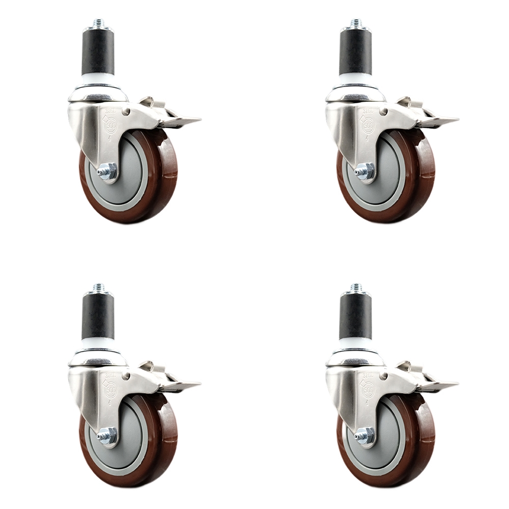 Polyurethane Swivel Stem Caster Set of 4 with 4 Inch Maroon Caster Wheels - 1-1/2" Expanding Stems - 316 Stainless Steel Casters - Includes 4 Swivel Casters with Total Lock Brakes-Service Caster Brand — photo 1
