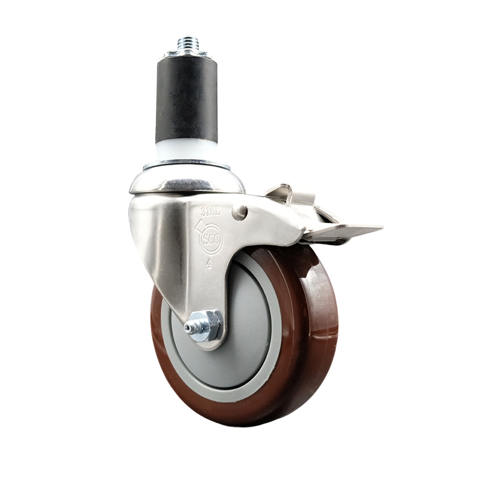 Polyurethane Swivel Stem Caster with 4 Inch Maroon Caster Wheel and Total Lock Brake - 1-1/2" Expanding Stem - 316 Stainless Steel Caster - 350 lbs. Capacity Per Caster - Service Caster Brand — photo 1