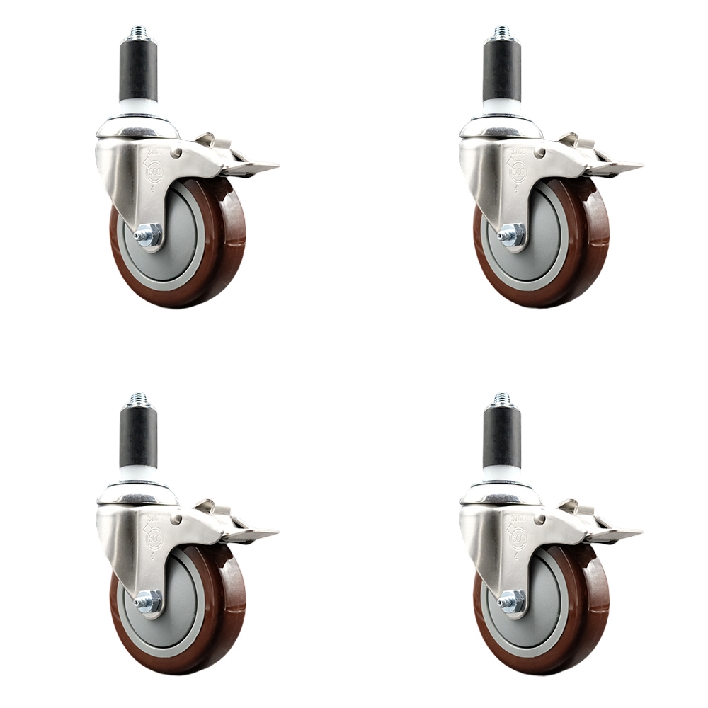 Polyurethane Swivel Stem Caster Set of 4 with 4 Inch Maroon Caster Wheels - 1-1/4" Expanding Stems - 316 Stainless Steel Casters - Includes 4 Swivel Casters with Total Lock Brakes-Service Caster Brand — photo 1
