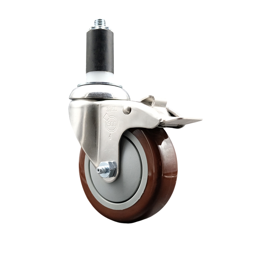 Polyurethane Swivel Stem Caster with 4 Inch Maroon Caster Wheel and Total Lock Brake - 1-1/4" Expanding Stem - 316 Stainless Steel Caster - 350 lbs. Capacity Per Caster - Service Caster Brand — photo 1