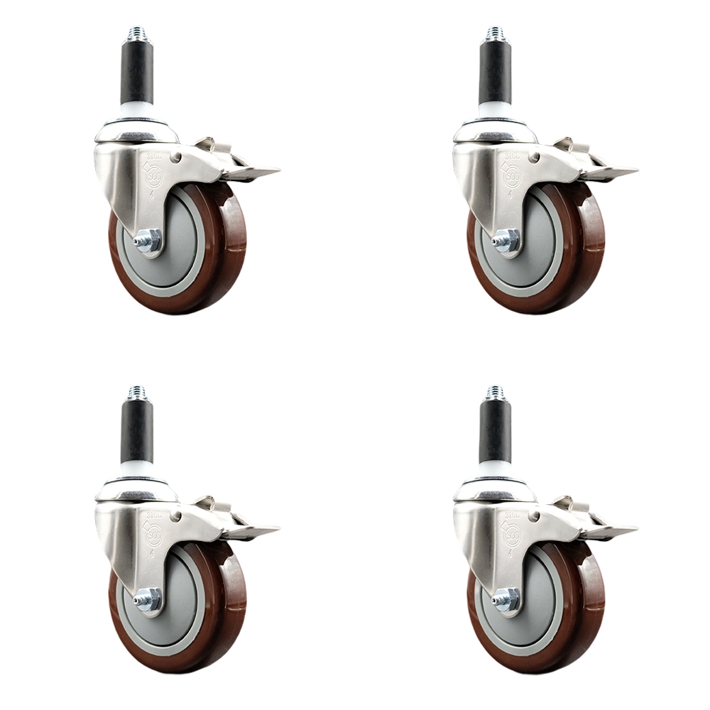 Polyurethane Swivel Stem Caster Set of 4 with 4 Inch Maroon Caster Wheels - 1-1/8" Expanding Stems - 316 Stainless Steel Casters - Includes 4 Swivel Casters with Total Lock Brakes-Service Caster Brand — photo 1