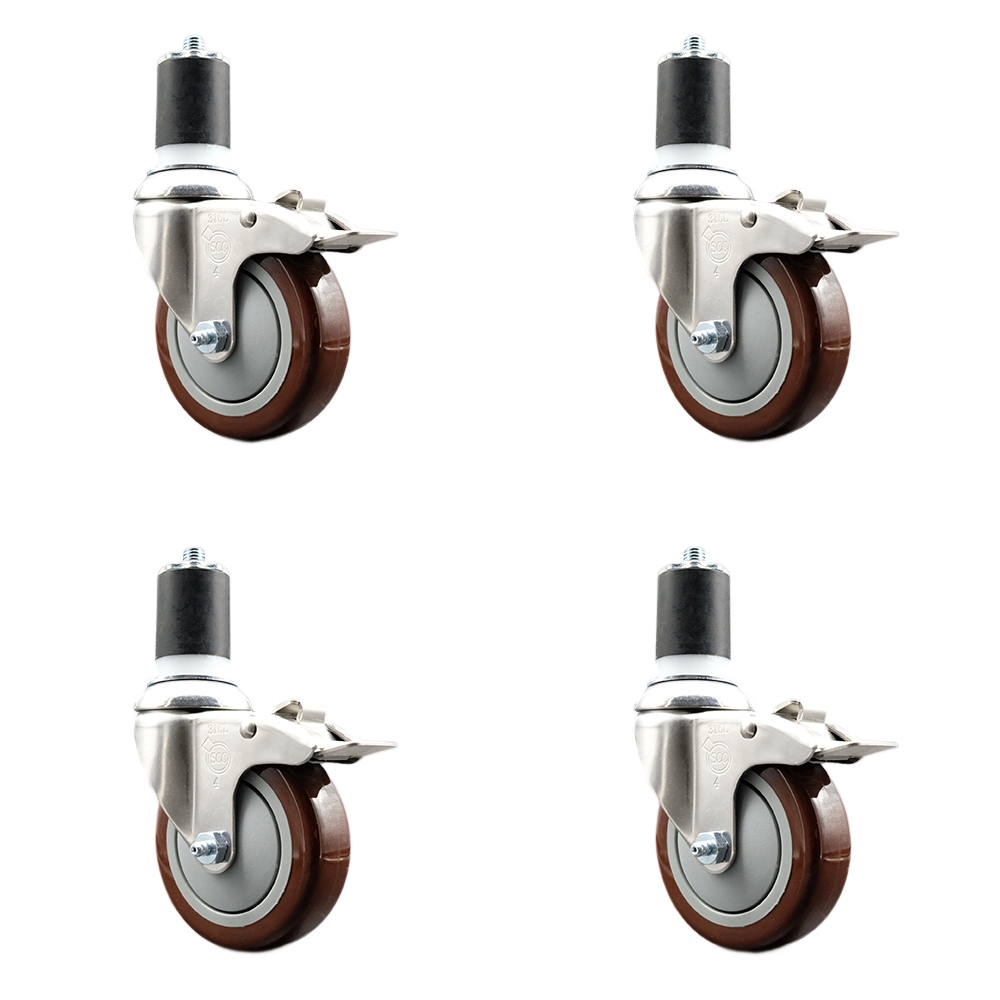Polyurethane Swivel Stem Caster Set of 4 with 4 Inch Maroon Caster Wheels - 1-3/4" Expanding Stems - 316 Stainless Steel Casters - Includes 4 Swivel Casters with Total Lock Brakes-Service Caster Brand — photo 1