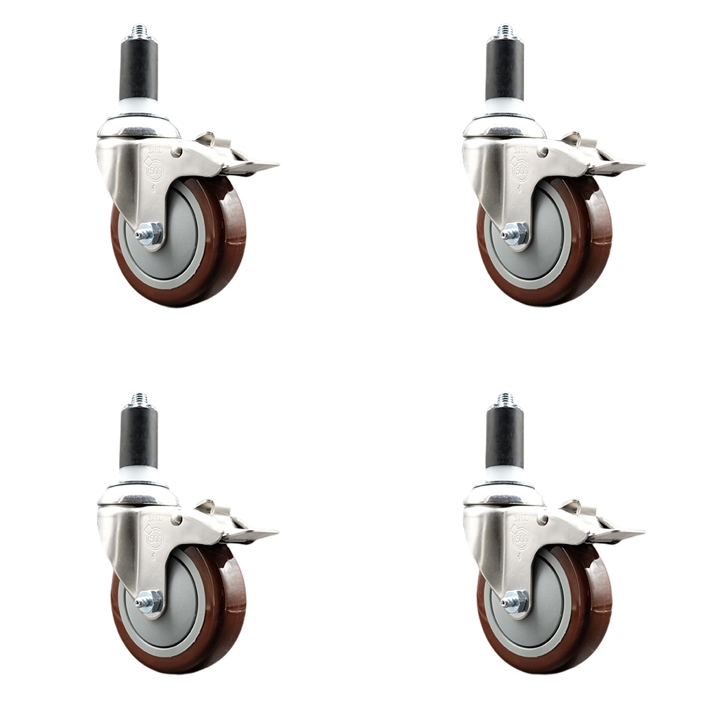 Polyurethane Swivel Stem Caster Set of 4 with 4 Inch Maroon Caster Wheels - 1-3/8" Expanding Stems - 316 Stainless Steel Casters - Includes 4 Swivel Casters with Total Lock Brakes-Service Caster Brand — photo 1