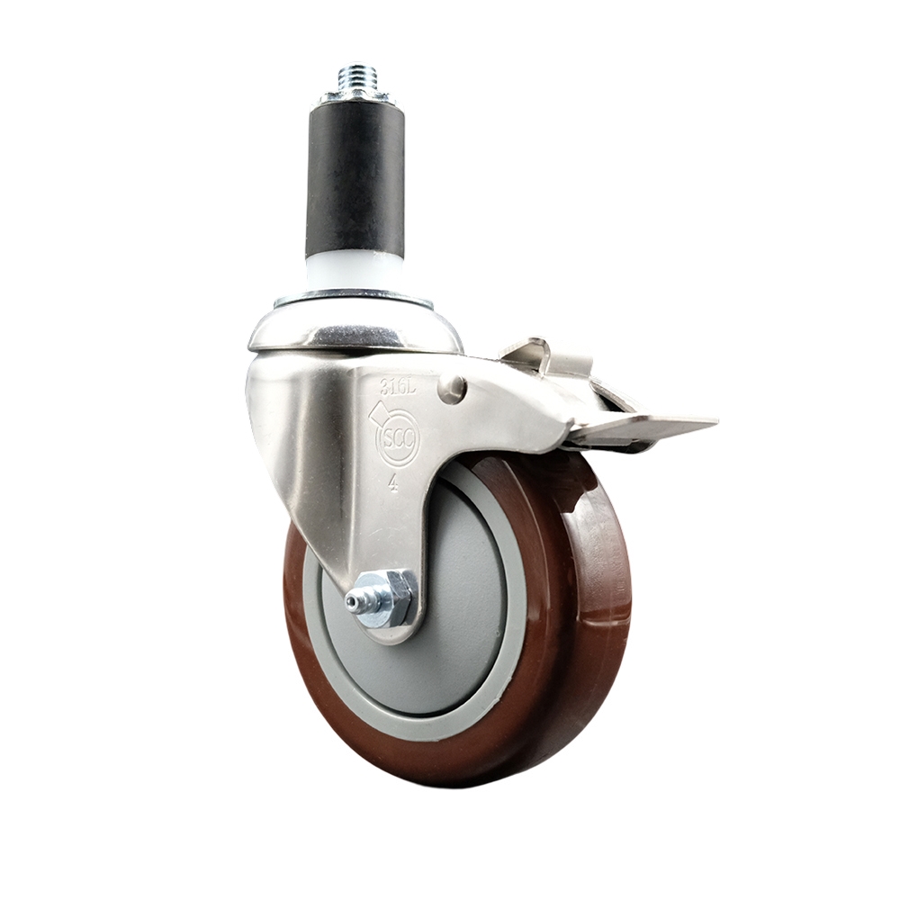 Polyurethane Swivel Stem Caster with 4 Inch Maroon Caster Wheel and Total Lock Brake - 1-3/8" Expanding Stem - 316 Stainless Steel Caster - 350 lbs. Capacity Per Caster - Service Caster Brand — photo 1