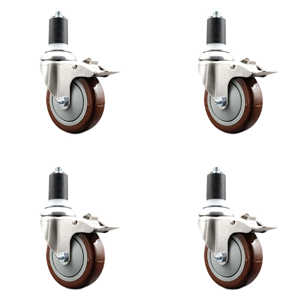 Polyurethane Swivel Stem Caster Set of 4 with 4 Inch Maroon Caster Wheels - 1-5/8" Expanding Stems - 316 Stainless Steel Casters - Includes 4 Swivel Casters with Total Lock Brakes-Service Caster Brand — photo 1