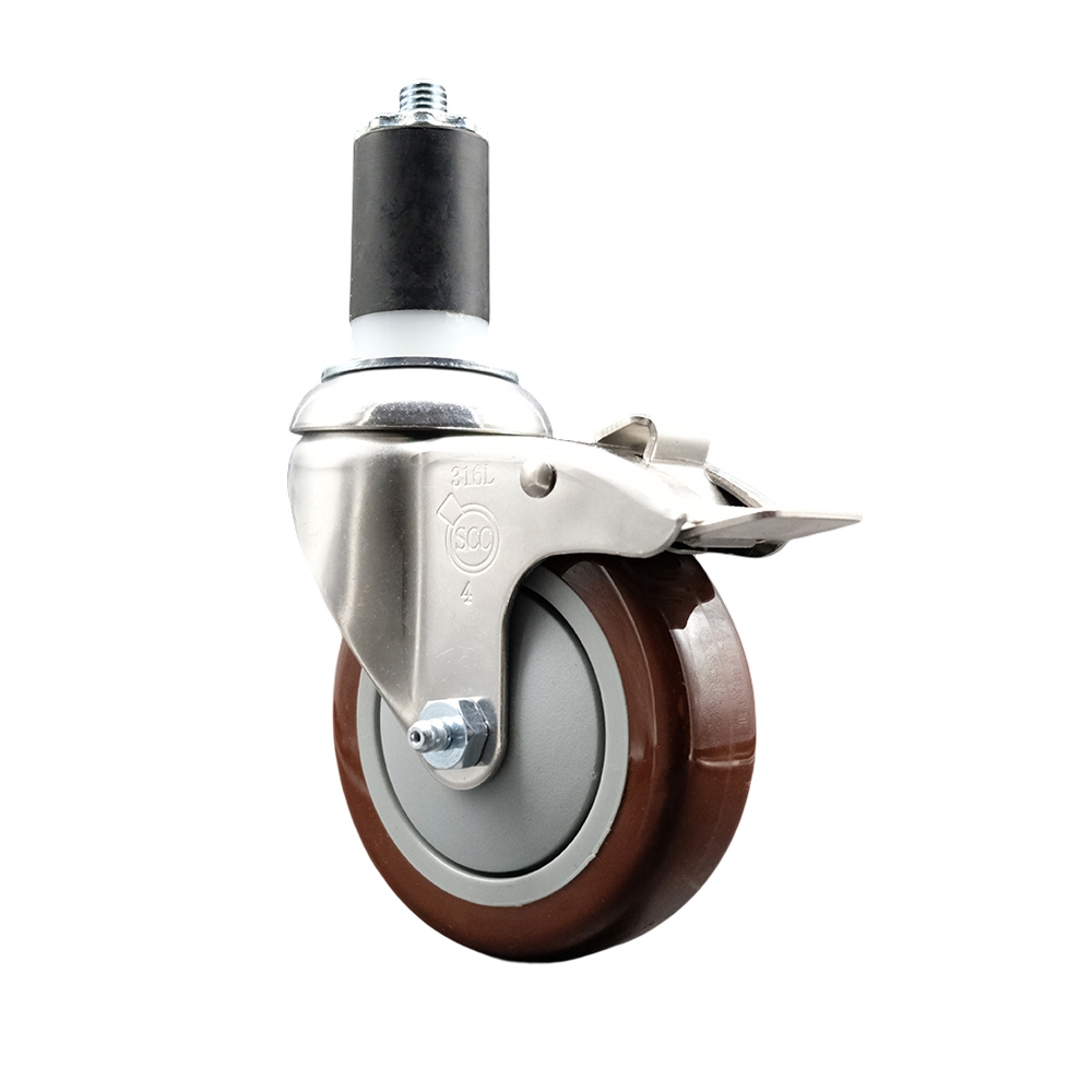 Polyurethane Swivel Stem Caster with 4 Inch Maroon Caster Wheel and Total Lock Brake - 1-5/8" Expanding Stem - 316 Stainless Steel Caster - 350 lbs. Capacity Per Caster - Service Caster Brand — photo 1