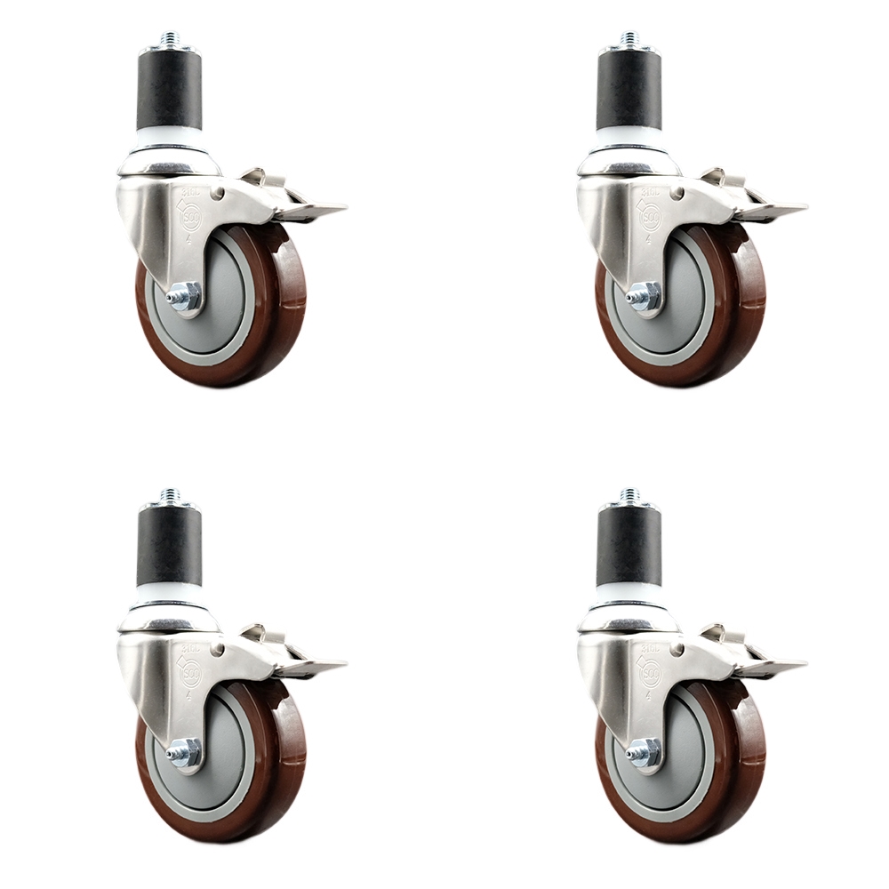 Polyurethane Swivel Stem Caster Set of 4 with 4 Inch Maroon Caster Wheels - 1-7/8" Expanding Stems - 316 Stainless Steel Casters - Includes 4 Swivel Casters with Total Lock Brakes-Service Caster Brand — photo 1