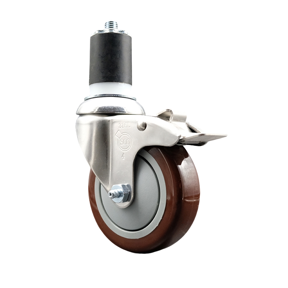 Polyurethane Swivel Stem Caster with 4 Inch Maroon Caster Wheel and Total Lock Brake - 1-7/8" Expanding Stem - 316 Stainless Steel Caster - 350 lbs. Capacity Per Caster - Service Caster Brand — photo 1