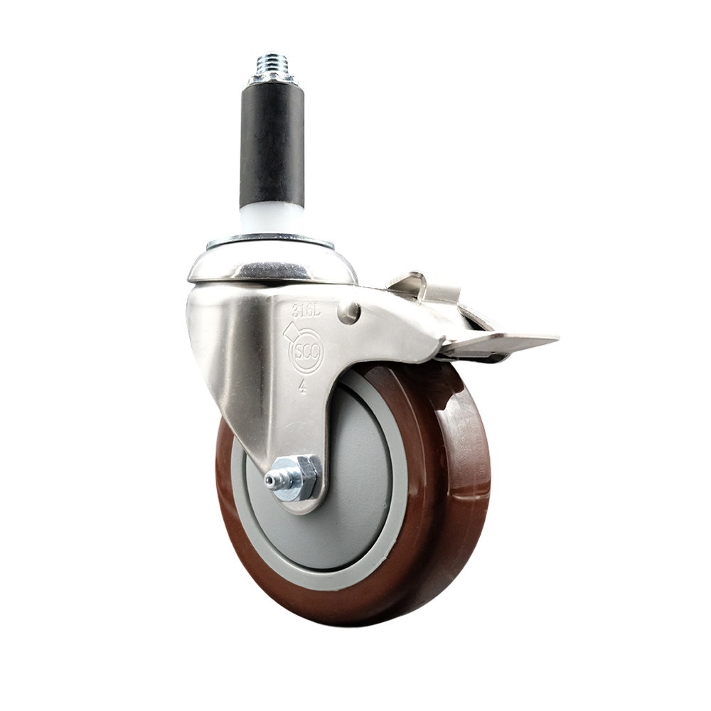 Polyurethane Swivel Stem Caster with 4 Inch Maroon Caster Wheel and Total Lock Brake - 1" Expanding Stem - 316 Stainless Steel Caster - 350 lbs. Capacity Per Caster - Service Caster Brand — photo 1