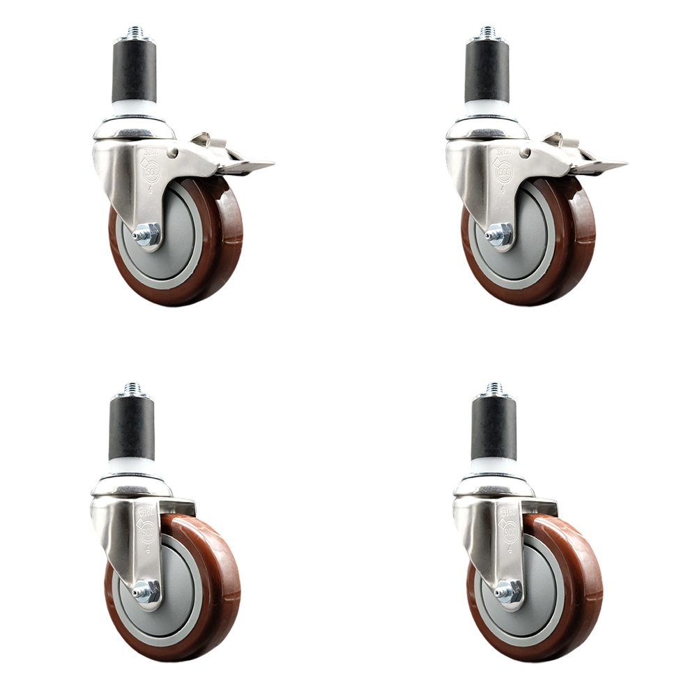 Polyurethane Swivel Stem Caster Set of 4 with 4 Inch Maroon Caster Wheels - 1-1/2" Expanding Stem-316 Stainless Steel Casters-Includes 2 Swivel with Total Lock Brakes and 2 Swivel-Service Caster Brand — photo 1