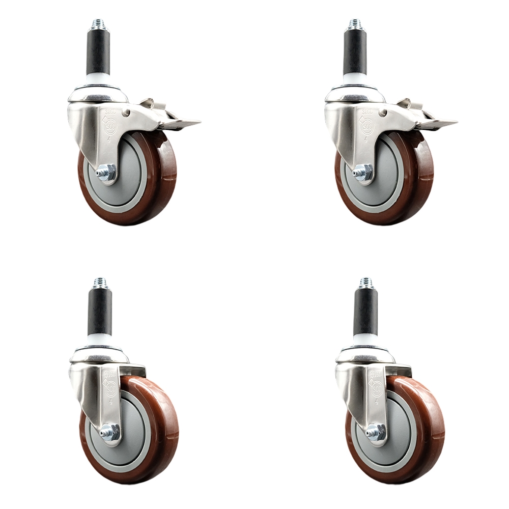 Polyurethane Swivel Stem Caster Set of 4 with 4 Inch Maroon Caster Wheels - 1-1/8" Expanding Stem-316 Stainless Steel Casters-Includes 2 Swivel with Total Lock Brakes and 2 Swivel-Service Caster Brand — photo 1
