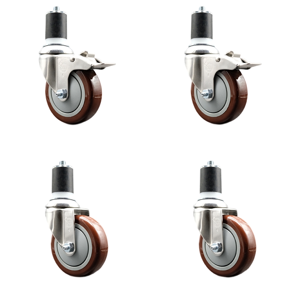 Polyurethane Swivel Stem Caster Set of 4 with 4 Inch Maroon Caster Wheels - 1-3/4" Expanding Stem-316 Stainless Steel Casters-Includes 2 Swivel with Total Lock Brakes and 2 Swivel-Service Caster Brand — photo 1