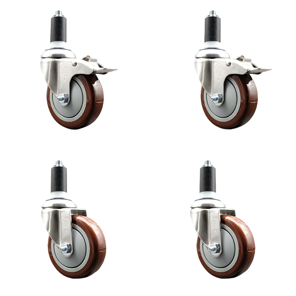 Polyurethane Swivel Stem Caster Set of 4 with 4 Inch Maroon Caster Wheels - 1-3/8" Expanding Stem-316 Stainless Steel Casters-Includes 2 Swivel with Total Lock Brakes and 2 Swivel-Service Caster Brand — photo 1