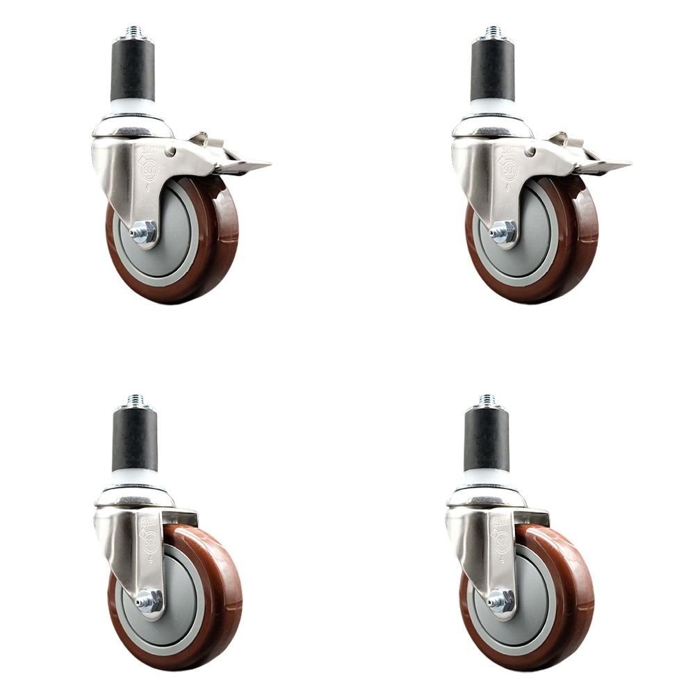 Polyurethane Swivel Stem Caster Set of 4 with 4 Inch Maroon Caster Wheels - 1-5/8" Expanding Stem-316 Stainless Steel Casters-Includes 2 Swivel with Total Lock Brakes and 2 Swivel-Service Caster Brand — photo 1