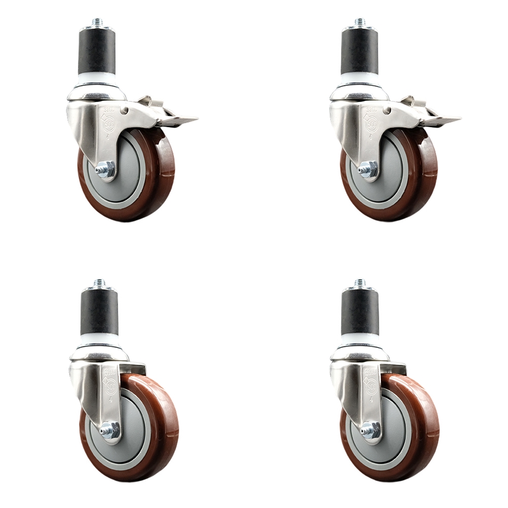 Polyurethane Swivel Stem Caster Set of 4 with 4 Inch Maroon Caster Wheels - 1-7/8" Expanding Stem-316 Stainless Steel Casters-Includes 2 Swivel with Total Lock Brakes and 2 Swivel-Service Caster Brand — photo 1