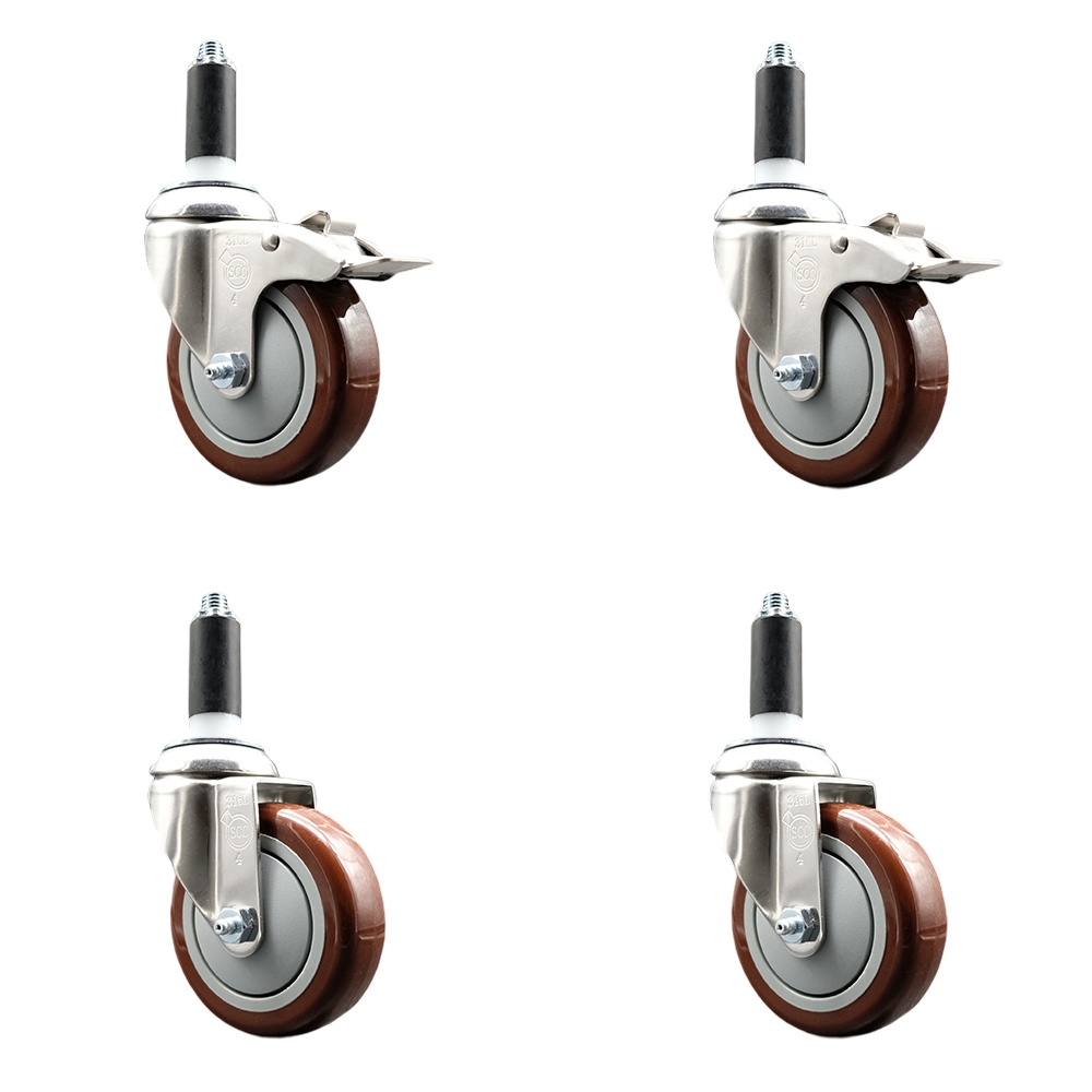 Polyurethane Swivel Stem Caster Set of 4 with 4 Inch Maroon Caster Wheels - 1" Expanding Stem-316 Stainless Steel Casters - Includes 2 Swivel with Total Lock Brakes and 2 Swivel - Service Caster Brand — photo 1