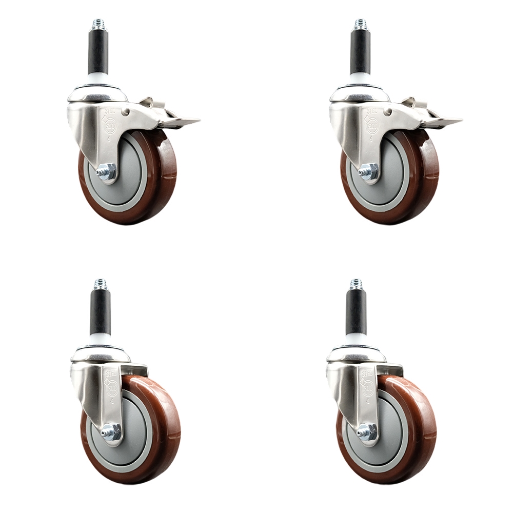 Polyurethane Swivel Stem Caster Set of 4 with 4 Inch Maroon Caster Wheels - 3/4" Expanding Stem-316 Stainless Steel Casters - Includes 2 Swivel with Total Lock Brakes and 2 Swivel-Service Caster Brand — photo 1
