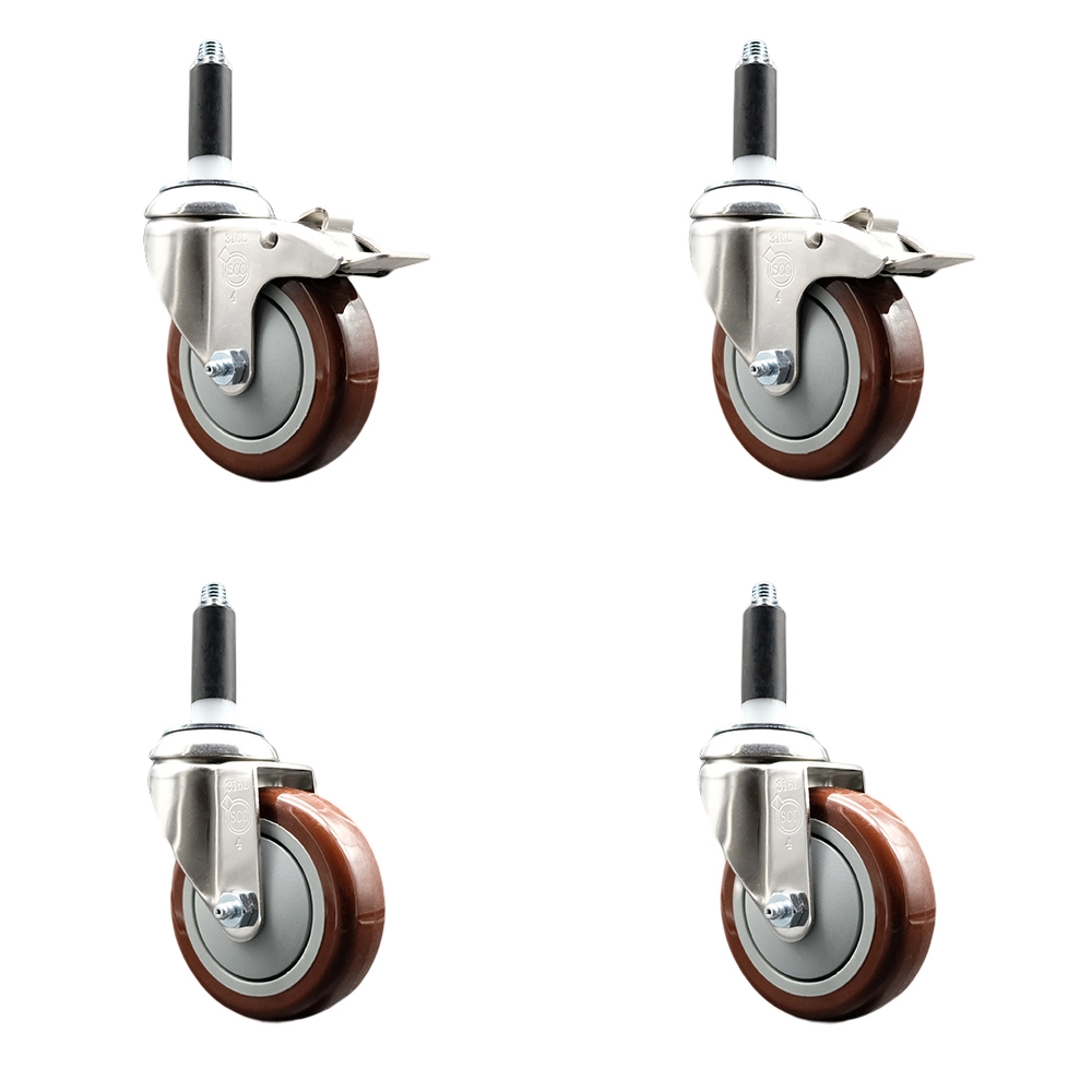 Polyurethane Swivel Stem Caster Set of 4 with 4 Inch Maroon Caster Wheels - 7/8" Expanding Stem-316 Stainless Steel Casters - Includes 2 Swivel with Total Lock Brakes and 2 Swivel-Service Caster Brand — photo 1