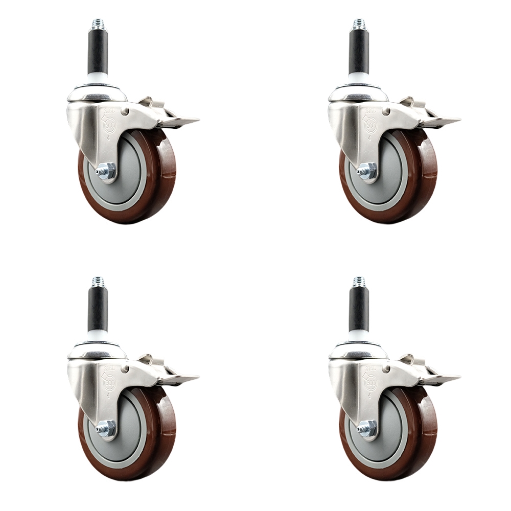Polyurethane Swivel Stem Caster Set of 4 with 4 Inch Maroon Caster Wheels - 3/4" Expanding Stems - 316 Stainless Steel Casters - Includes 4 Swivel Casters with Total Lock Brakes - Service Caster Brand — photo 1