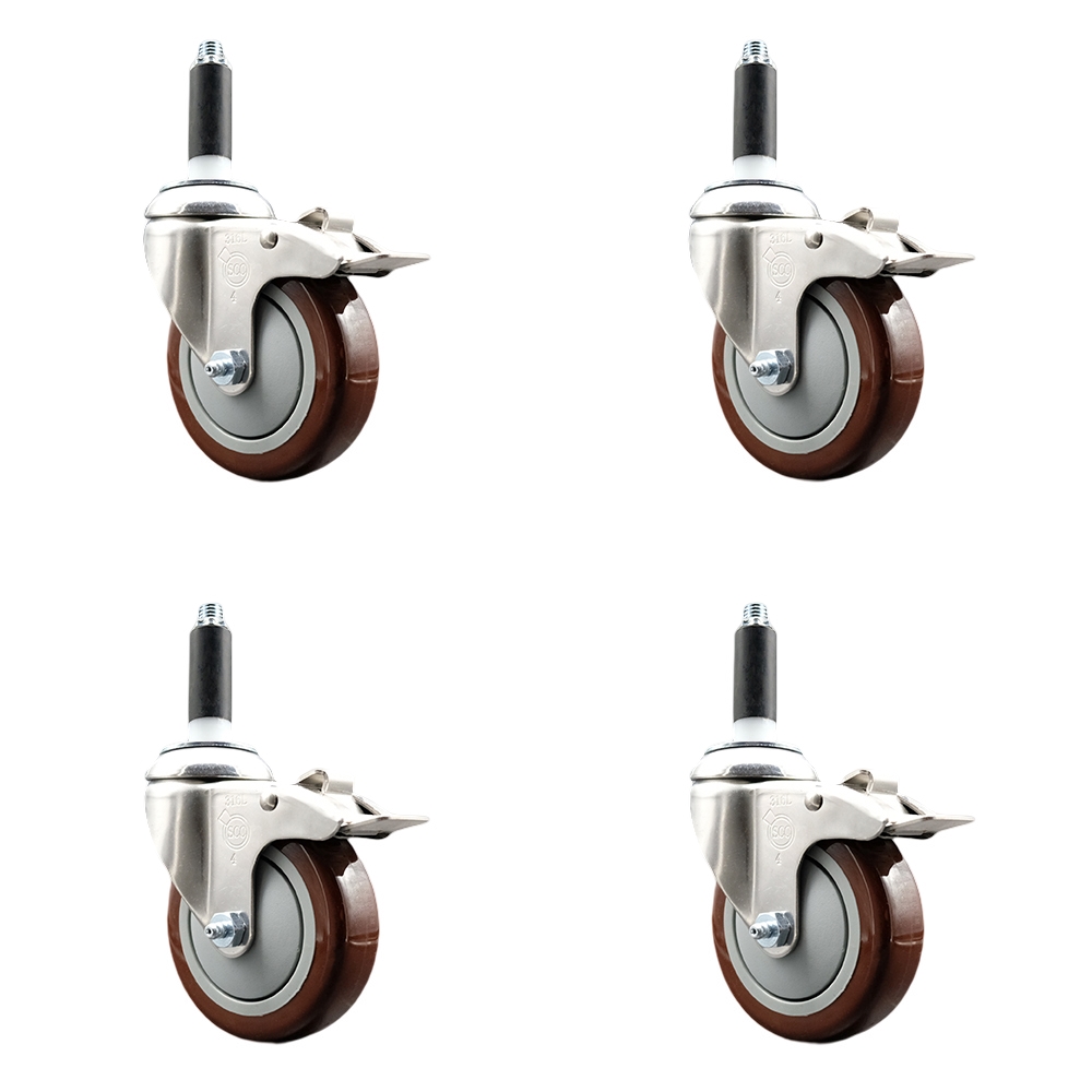 Polyurethane Swivel Stem Caster Set of 4 with 4 Inch Maroon Caster Wheels - 7/8" Expanding Stems - 316 Stainless Steel Casters - Includes 4 Swivel Casters with Total Lock Brakes - Service Caster Brand — photo 1