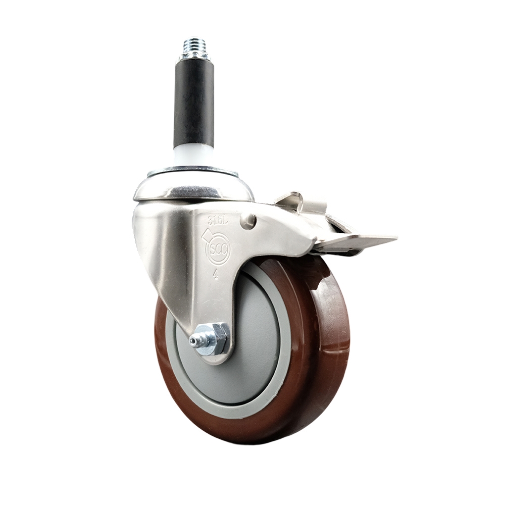 Polyurethane Swivel Stem Caster with 4 Inch Maroon Caster Wheel and Total Lock Brake - 7/8" Expanding Stem - 316 Stainless Steel Caster - 350 lbs. Capacity Per Caster - Service Caster Brand — photo 1