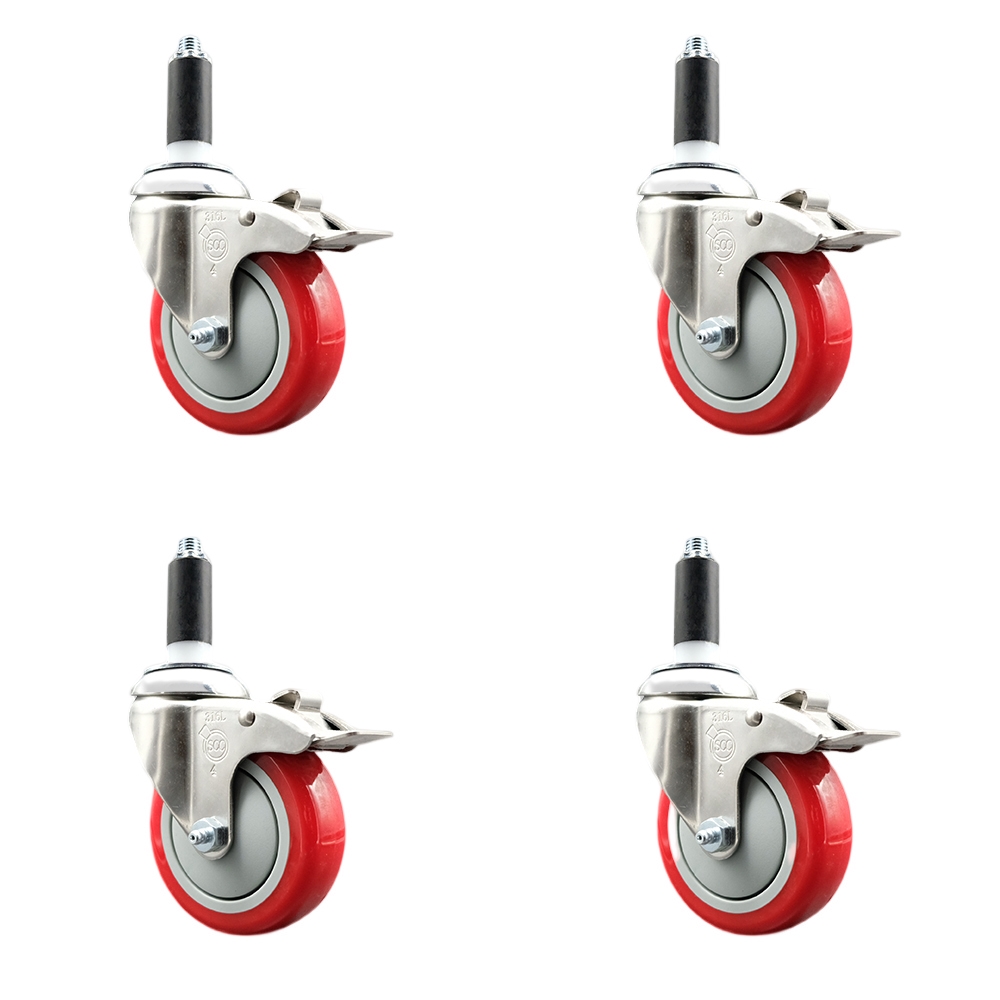 Polyurethane Swivel Stem Caster Set of 4 with 4 Inch Red Caster Wheels - 1" Expanding Stems - 316 Stainless Steel Casters - Includes 4 Swivel Casters with Total Lock Brakes- Service Caster Brand — photo 1