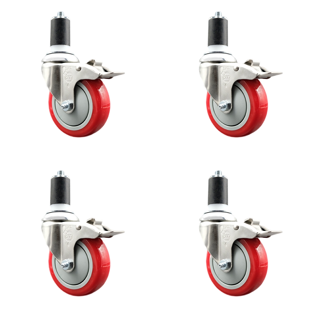 Polyurethane Swivel Stem Caster Set of 4 with 4 Inch Red Caster Wheels - 1-1/2" Expanding Stems - 316 Stainless Steel Casters - Includes 4 Swivel Casters with Total Lock Brakes- Service Caster Brand — photo 1